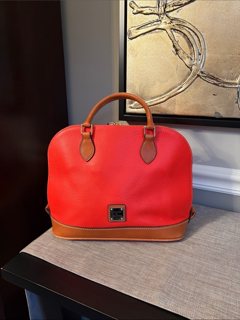 Dooney & Bourke Orange Pebbled Leather Satchel with Brown Trim